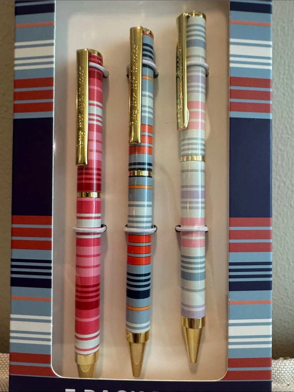 lug Love Stripe 3-Pack Ballpoint Pens — Pink, Blue, Cream with Gold Accents